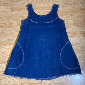 Vintage denim jumper smock tank dress pockets a line union made USA raw hem 11